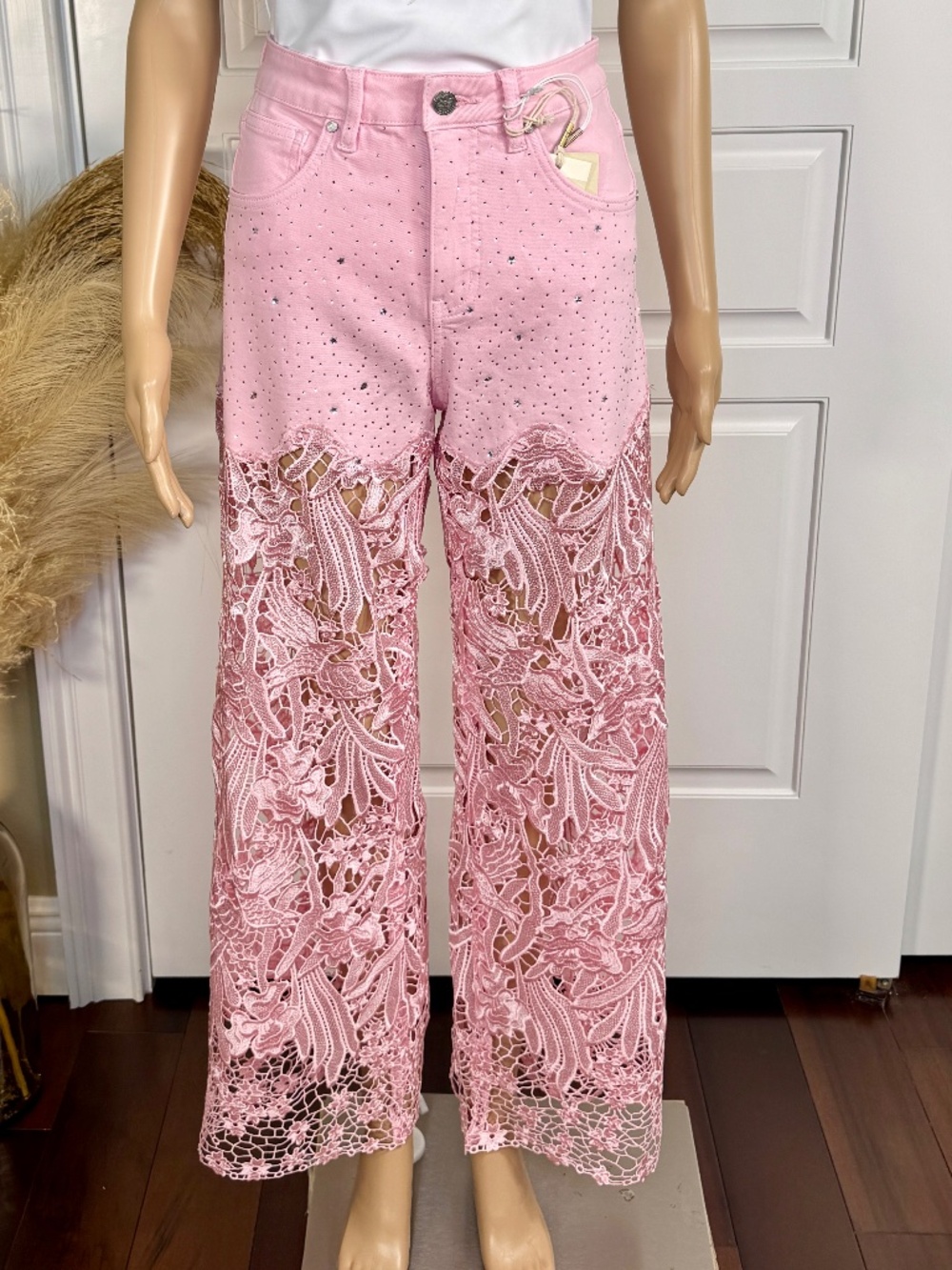 PINK HIGH WAIST CRYSTAL EMBELLISHED CURVE HUGGING WIDE LEG LACE JEANS - Picture 3 of 15